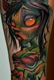 Jalka sarjakuva tyyli värillinen zombie tyttö tatuointi malli
