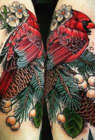 小腿红色的小鸟与浆果植物纹身图案