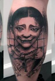 Cartoon stijl zwart griezelig glimlach vrouw tattoo patroon