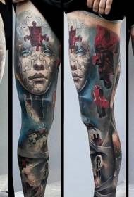 Perna quebra-cabeça colorido personagem retrato tatuagem padrão