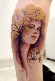 Buzağı renkli ağaç ve kadın portre mektubu dövme deseni