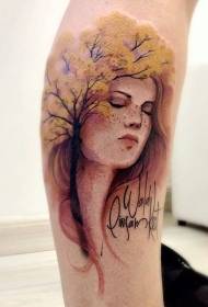 Modèle de tatouage lettre portrait couleur femme arbre et femme