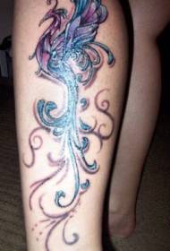 Colorful magic phoenix tattoo pattern on calf