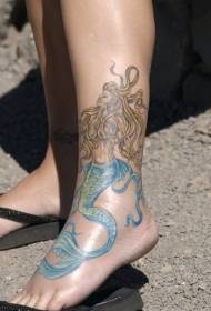 Geel en blauw zeemeermin enkel tattoo patroon