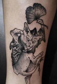 Grabado estilo gato malvado negro con patrón de tatuaje de hojas