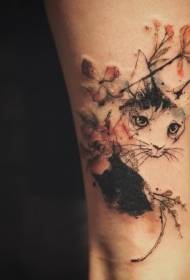 腿部彩色线条猫和盛开的花朵纹身图案