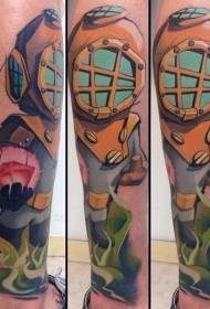 Calf new school color diver with diamond tattoo pattern