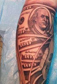 Vitello nero grigio realistico modello di tatuaggio delle banconote del dollaro