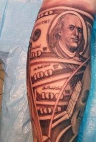 Calf black gray realistic dollar banknote tattoo pattern