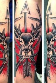 Small arm colored deer head and cross rifle arrow tattoo pattern