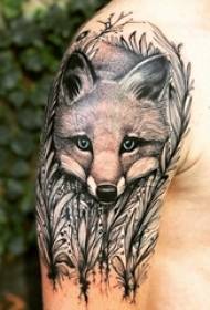 Ragazzi braccio grosso su punto nero spina linea semplice pianta e foto tatuaggio volpe