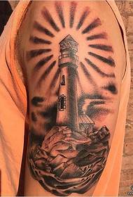Big arm lighthouse wave reef black gray tattoo pattern