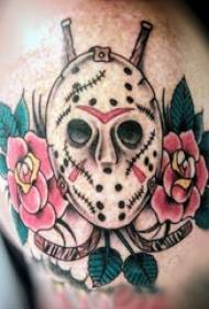 Boys arms on painted plant flowers and mask tattoo pictures
