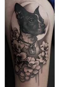 對大臂紋身花和小狗紋身圖片上的男孩的大臂