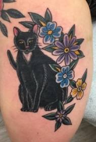 Thigh thigh traidisiún tattoo thigh cailín ar bláthanna agus pictiúir tattoo cat