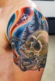 Boys on the big arm painted gradation plant big tree and skull tattoo pictures