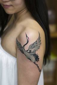 La ragazza dai capelli lunghi con il braccio grande è stata tatuata tatuaggio del cigno