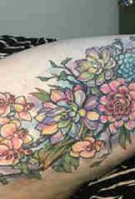 Immagini di tatuaggi di piante fresche colorate sulla coscia della ragazza del tatuaggio della pianta