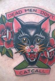 Little φρέσκο γάτα τατουάζ κορίτσι με λουλούδια και γάτα τατουάζ εικόνα στο μηρό