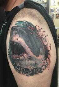 Grote arm tattoo illustratie mannelijke grote arm op gekleurde haai tattoo foto