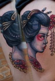 Tetovaný japonský gejša dievča maľované na stehnách, japonské obrázky gejša