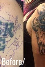Tatuering omslagsbild av en man och en ko huvud tatuering på en stor arm