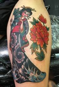 ຂາຜູ້ຊາຍ tattoo ຂາສູງສຸດ peony ແລະຮູບ geisha tattoo