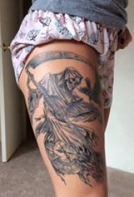 Death Scythe Tattoo Pattern Girl's Thigh on Black Death Scythe Tattoo Picture