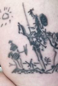 Ant juodo „Don Kichoto“ tatuiruotės paveikslo esančios abstraktinės tatuiruotės vyriškos lyties studento šlaunys