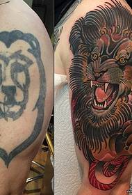 Modello di tatuaggio di copertura del leone europeo e americano del grande braccio