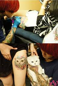 Tatuagem de cabeça de gato bonito na coxa de menina