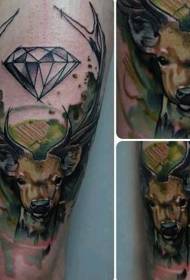 大腿水彩風格彩色的鹿與鑽石紋身圖案