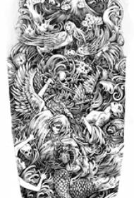 Radošs augšstilbs uz melna ērkšķa abstraktas līnijas figūras eņģeļa tetovējuma manuskripta