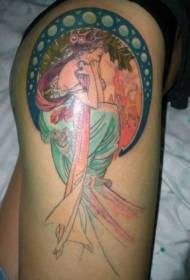 Слика ногу у боји цртаног женског портрета тетоважа