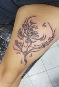 Girl's thigh on black line sketch literary beautiful delicate flower tattoo picture