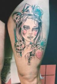 Thigh sketch style color woman with bear toy tattoo pattern