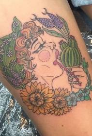 Dij nieuwe school kleur vrouw met plant tattoo patroon