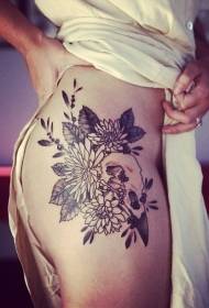 Thigh black bouquet and bird skull tattoo pattern