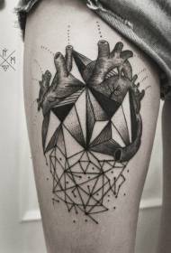 Stehno geometrický štýl čierne a biele srdce tetovanie vzor