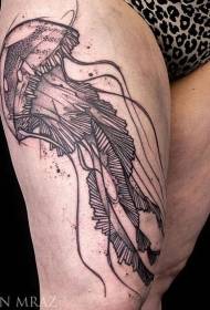 Black line jellyfish thigh tattoo pattern