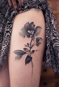 Model de tatuaj coapsa flori de acuarelă negru gri