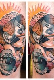 Modello di tatuaggio della donna addormentata rosa colorata di nuovo stile della gamba