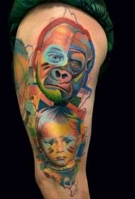 Thigh color orangutan with little boy portrait tattoo pattern