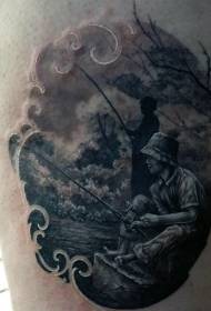 Неверојатна реална црно-пепел семејство риболов шема на тетоважа на бутовите