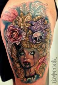 Mkazi mpya wa paja la rangi ya Shule na muundo wa tattoo ya fuvu