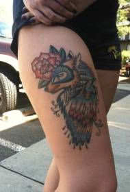 Imagen de tatuaje de cuervo y lobo de color de pierna