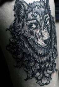 Гравировка стиль черная линия волк тату