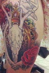 Leg painted sheep skull with flower tattoo pattern