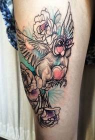 Legs unfinished sketch style colorful bird tattoo
