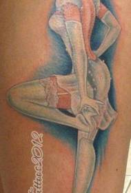 Karikatura kolora bela virino femuro ŝnuro tatuaje